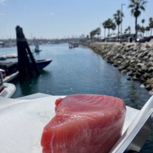 A fresh thick cut Ahi Tuna steak with the harbor in the background